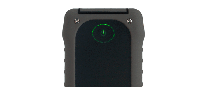 LED lights deplete a quarter at a time, counter-clockwise. Each quarter of the circle equals 25% charge. No lights indicate battery must be recharged.
