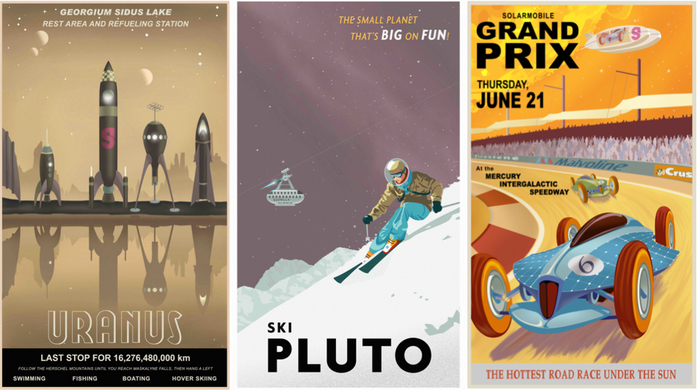 Supporters can choose postcards or posters from a selection of six pieces of original space art. A snap-shot from an orbiting space dock in the upper atmosphere of Uranus, or action shots of you skiing on Pluto are ideal for that holiday photo album.