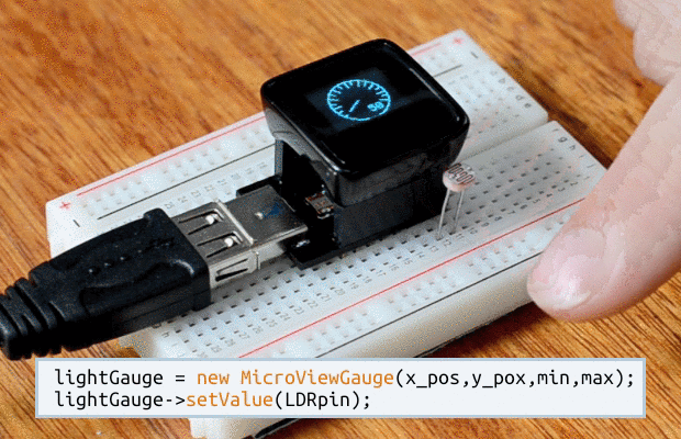 Gauges, like this gauge showing the reading of a Light Sensor are easy to display with 2 lines of Arduino™ Code.