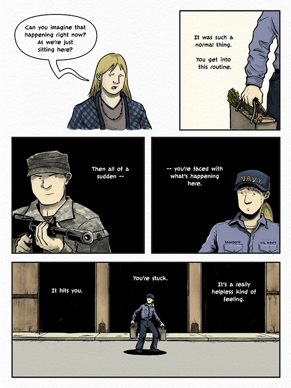 Excerpt from a comic on women's experiences in Guantanamo Bay.