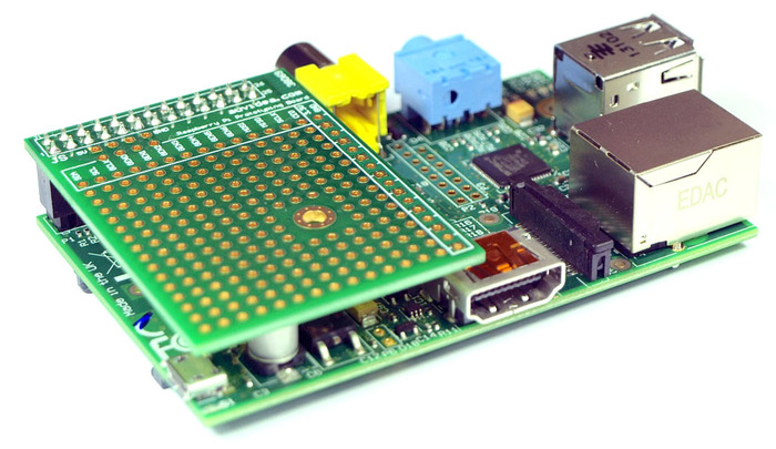 Prototyping board plugged into the Raspberry Pi