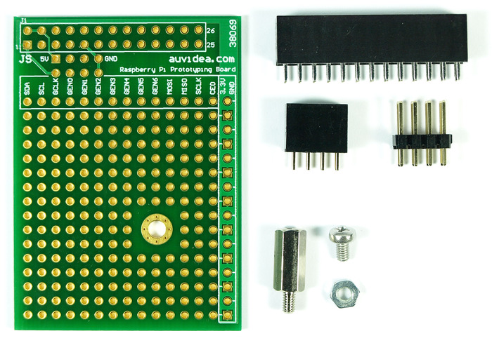 The prototyping board ships with 2 sockets (26 and 8 pin), a 8 pin header for the Raspbery Pi, and a 11mm metal standoff with M2.5 screw and nut.