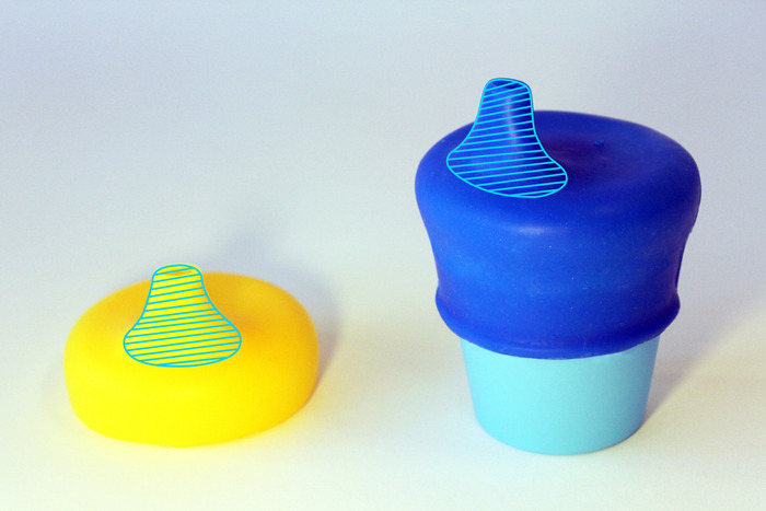 The outline indicates where SipSnap is co-molded with a harder chew-resistant silicone.