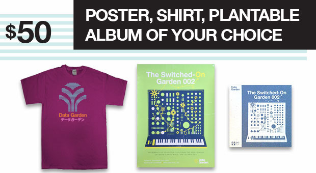 Your choice of one of four t-shirts + one of 2 posters and one of 12 plantable albums!
