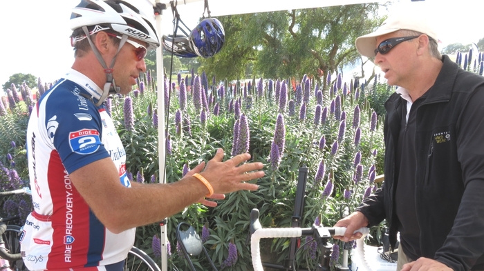 Pro rider explaining unexpected crosswind stability to Garth Magee