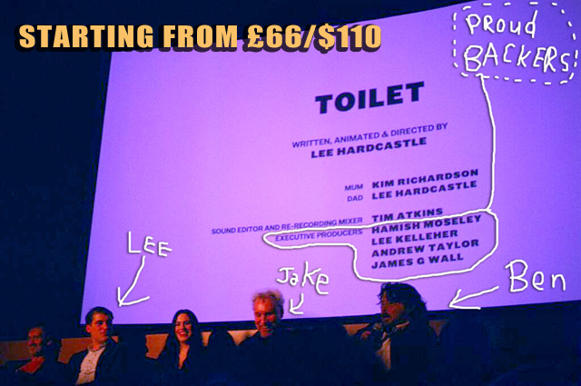 Backers of our last crowdfunded project rolling on the credits of ABCs OF DEATH. On stage with Jake West and Ben Wheatley at the PCC London, 2013.