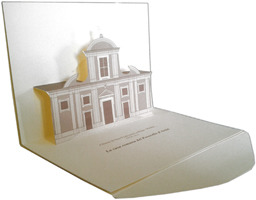 3D pop-up Kirigami card with the three-dimensional reproduction of the facade St. Francis’ Monastery in Rome with a stamp and a special commemorative postmark
