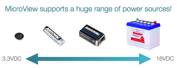 The MicroView can be powered from a Coin Cell Battery, AA or AAA Batteries, USB Power, 9V Square Batteries and 12V Car Batteries and beyond!