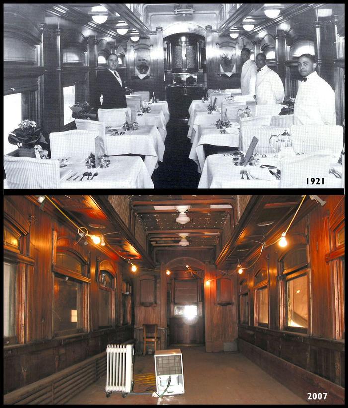 Then & Now View of the Interior of the Dining Car.