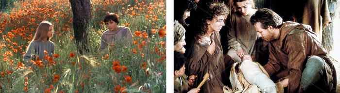 2 frames from the movies "Brother Sun, Sister Moon" and "Francesco" with Mickey Rourke