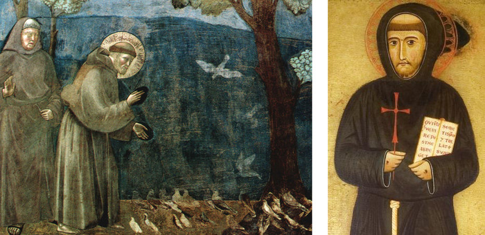 Part of the fresco "Sermon to the birds" by Giotto di Bondone and detail of St. Francis' portrait by Margaritone d'Arezzo