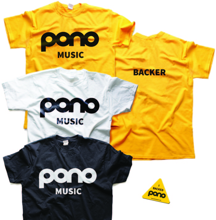 PonoMusic Founders Club: Kickstarter-exclusive T-Shirt & Sticker. T-shirts come in yellow, white, or black.