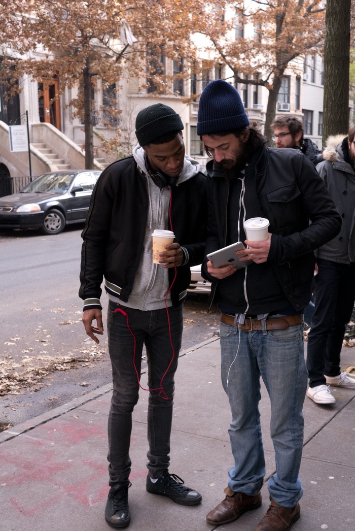 Josh discusses a scene with Scott "Kid Cudi" Mescudi (Nick) between takes