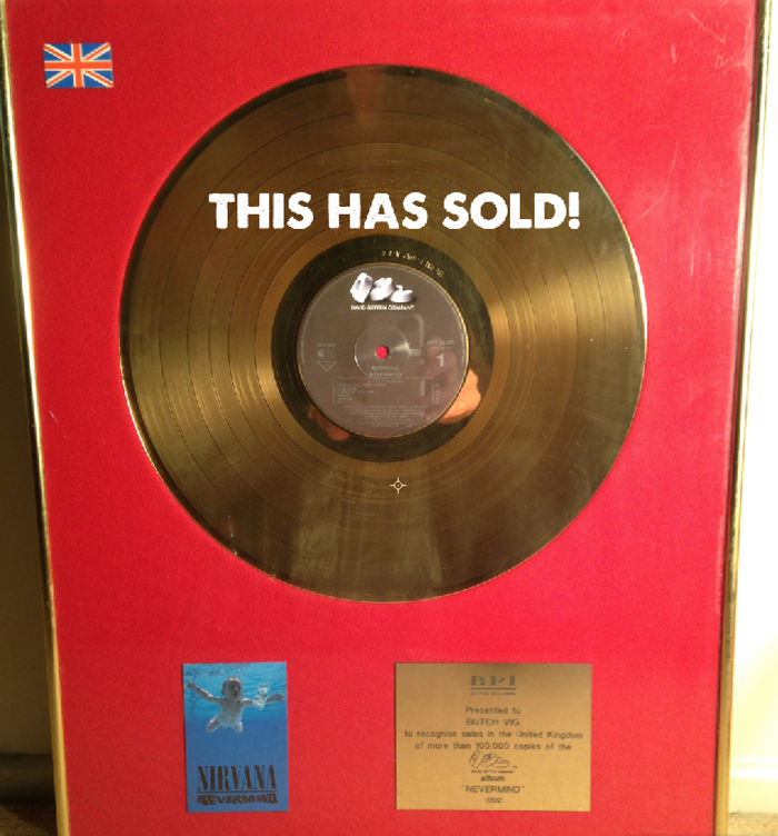 Nirvana Nevermind GOLD RECORD presented to B. Vig 1992 w/small cover image