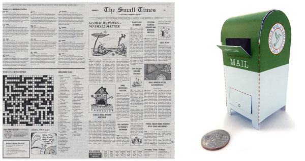 "The Small Times" is a fictional newspaper edition in miniature. There's even a crossword puzzle that works! The tiny mailbox is easy and quick to make.