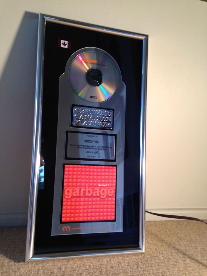 GARBAGE CANADIAN PLATINUM Presented to Butch Vig
