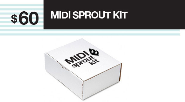 Build your own MIDI Sprout with an ATtiny2313 microcontroller, breadboard, 555 timer, battery box, knob, MIDI port, electrodes with 1/8" plug, 1/8" jack, LEDs, jumper wires, instruction manual, resistors and capacitors. Enclosure + batteries not included.