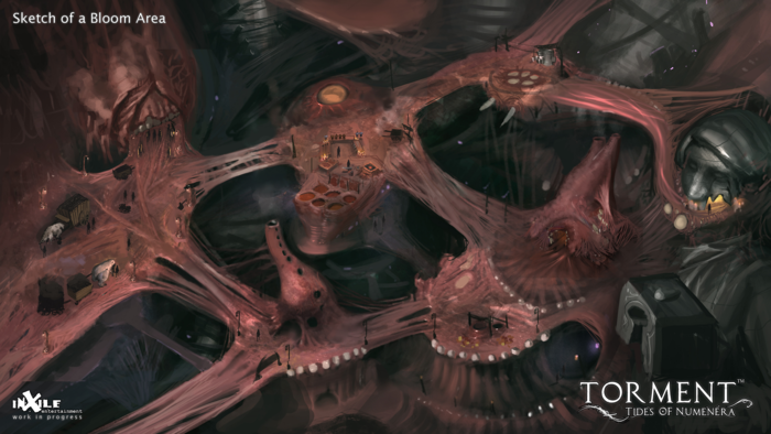 Sketch of a Bloom Area by Daniel Kim. Environment artists use this combined with the blockout to shape the final in-game area.