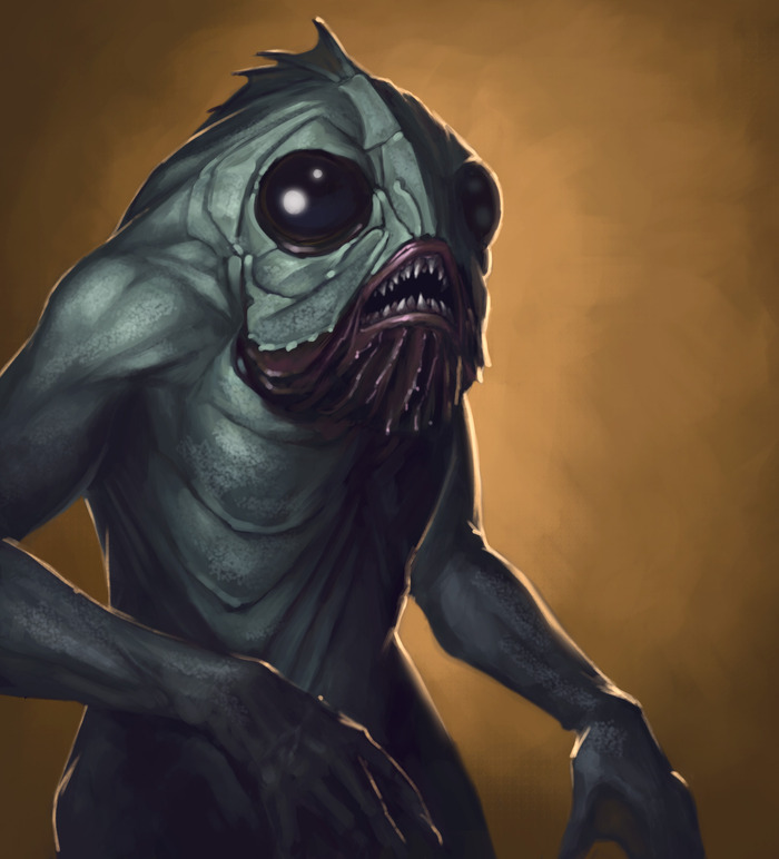 One of the monsters you may face off against: a Deep One, or a particularly advanced case of the Innsmouth Look. Scroll down to see the miniature of the Deep One!