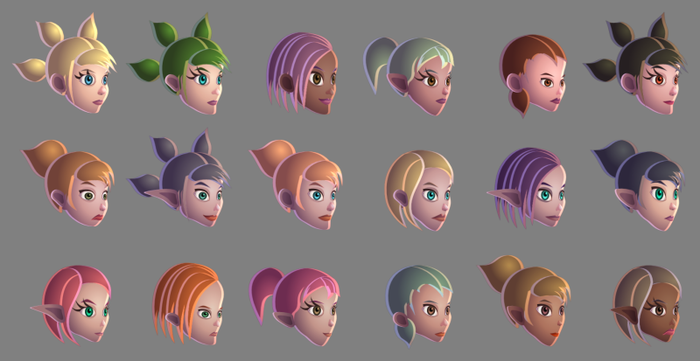 These are a few examples of heads made with a custom head generator of a female toon.