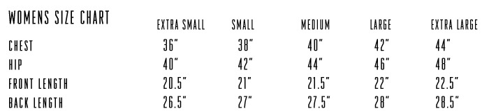 Reflect Jacket WM Size Chart