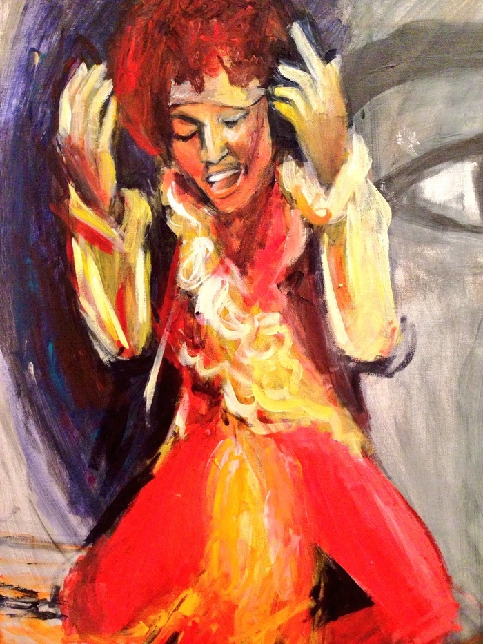 This is the 4th panel of the Jimi Hendrix painting. This is an iconic moment in history when he set fire to his guitar on stage.