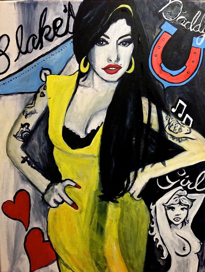 Here we have the 7th panel of the Amy Wineouse painting. She made a pulic appearance wearing a bright yellow dress, showcasing her tattoos, at the peak of her career.