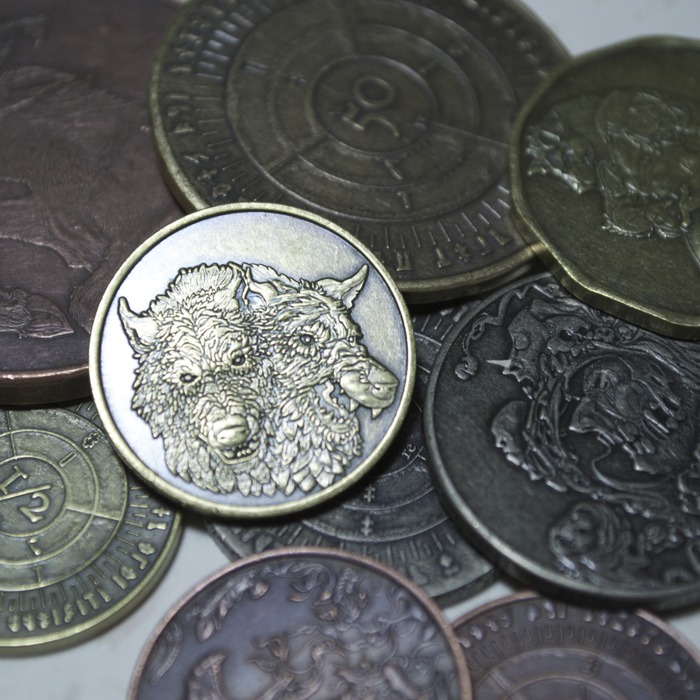 Mix of Alignment currency, featuring the stretch goal, Yeth Hound 1/2 denomination