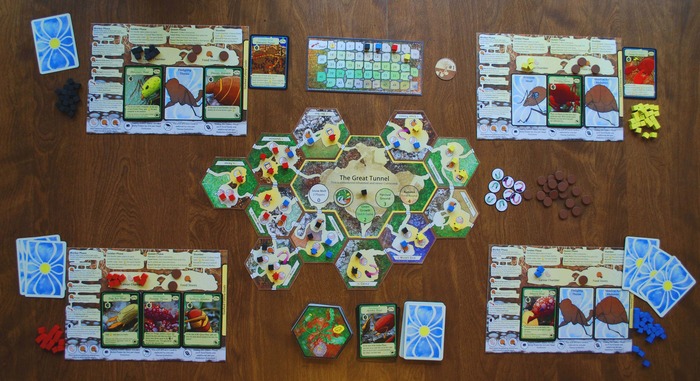 Mid-way through a four player game (prototype components).