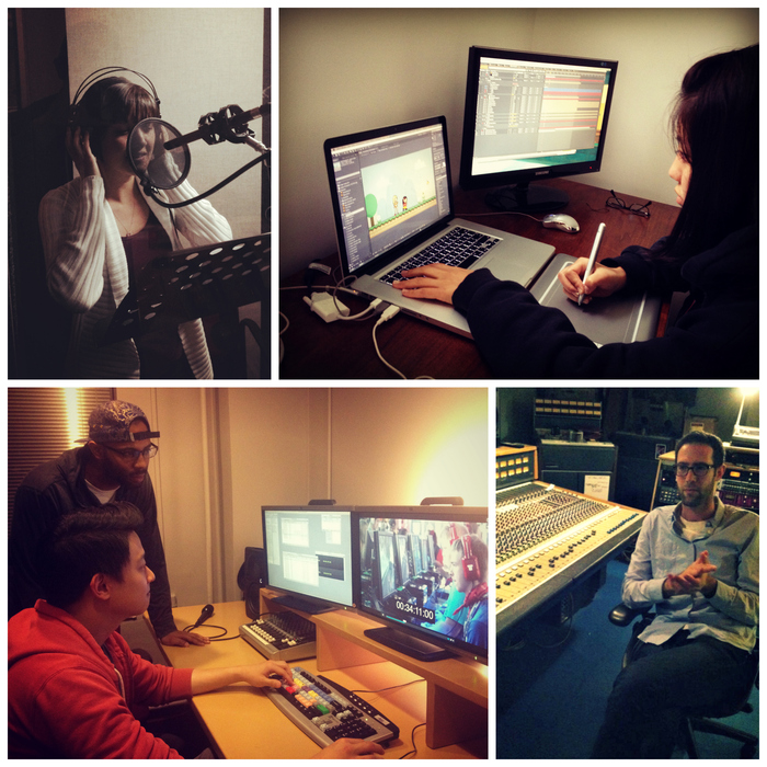 Clockwise, from upper left: myself recording voiceover this past weekend, graphics artist Naoko Saito working on our main character, soundtrack composer Andrew Lappin in his studio, and editors Ephraim Kirkwood and Ian Park hard at work.