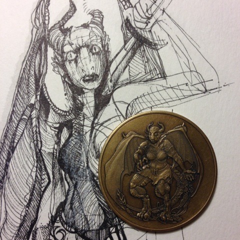 Half-Dragon, Lawful Neutral, 500 Denomination coin with concept sketch.