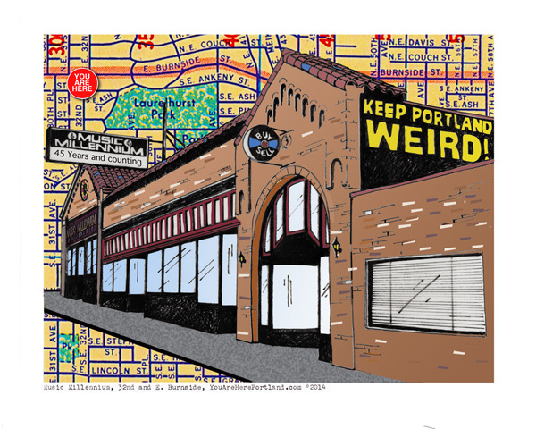 We've added a new print to the collection. Music Millennium, headquarters for "Keep Portland Weird!" Celebrating 45 years at 32nd and East Burnside. 10 are available now for a backing of $30.