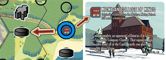 Placing this poor rock from the industry track onto a mine site affects future production nearby and reveals a local business icon, opening the Michigan College of Mines!