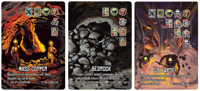Produce copper, bring down rock, or mitigate disaster from the production card revealed each shift! Each row of icons on a production card presents an outcome the player may choose.