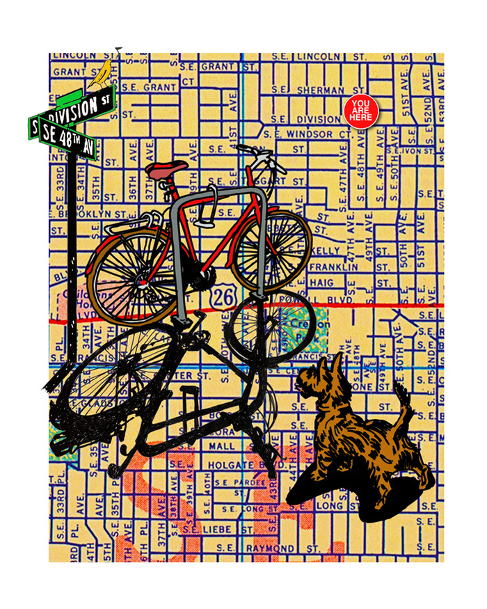 Another Take Away. "Bicycle and dog on Division Street" is the latest Portland print in our series. We are adding it to the campaign as a reward at the $40 level. There are now 35 prints from which to choose.