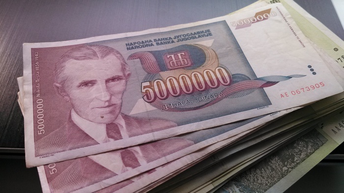 Real 5 Million Dinara note with Tesla's portrait