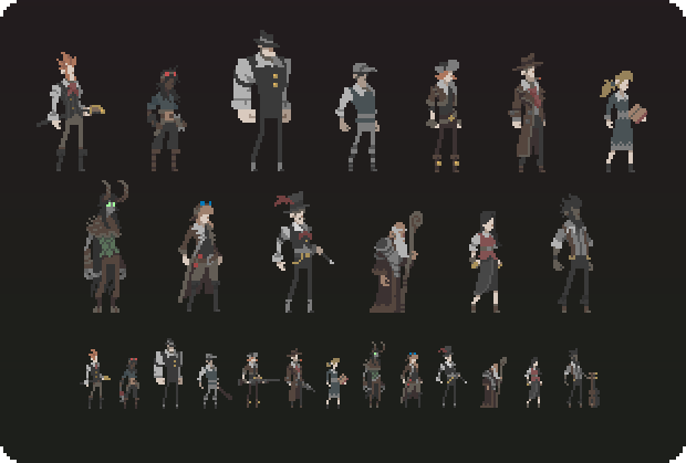 Playable characters. From left to right: Gentleman, Technician, Moose, Slugger (Stretch Goal), Trapper, PI, Curator, Guardian, Alchemist (Stretch Goal), Illusionist, Scribe, Innkeeper, Bard.