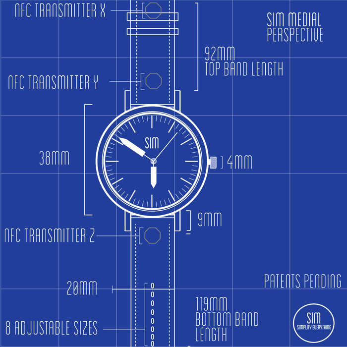 Another early Sim blueprint detailing its face, and the placement of the NFC transmitters into three different places in the band.