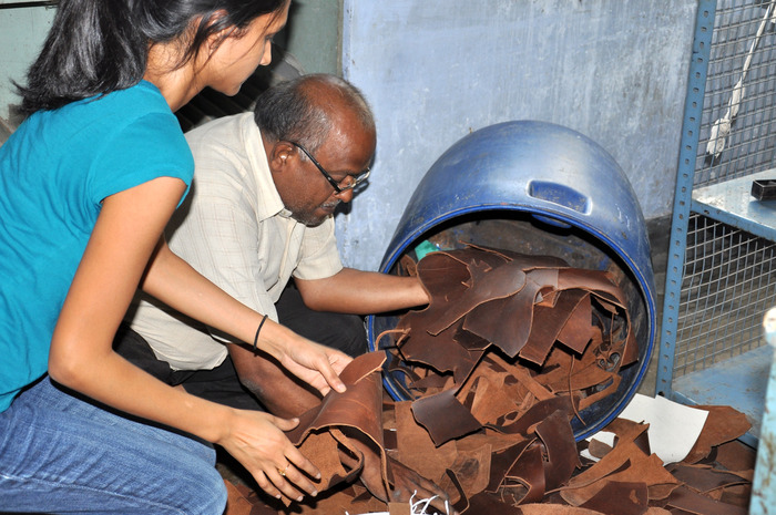 Leather trims generated from factory waste in India