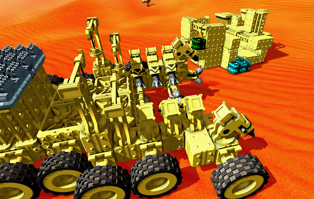 A large harvesting vehicle passes by a base