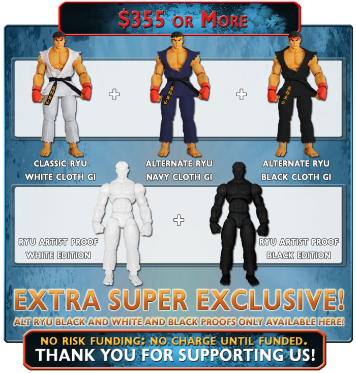 Receive ALL of the Ryu Variants, White and Navy Cloth Gi plus the Black Cloth Gi and the White and Black Artist Proof Editions, available only through this Kickstarter!