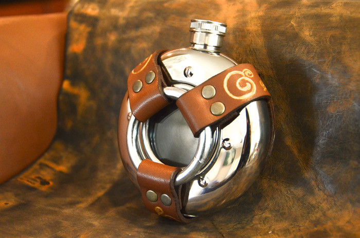 Stainless Steel SteamPunk Flask with Leather Holster - Brown