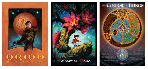 The three posters "Captain Orion", "Fireflowers" and "The Course of Things"