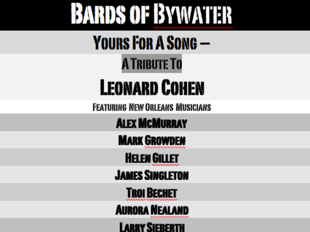 Bards of Bywater tribute to Leonard Cohen CONCERT&RECORDINGG's video poster